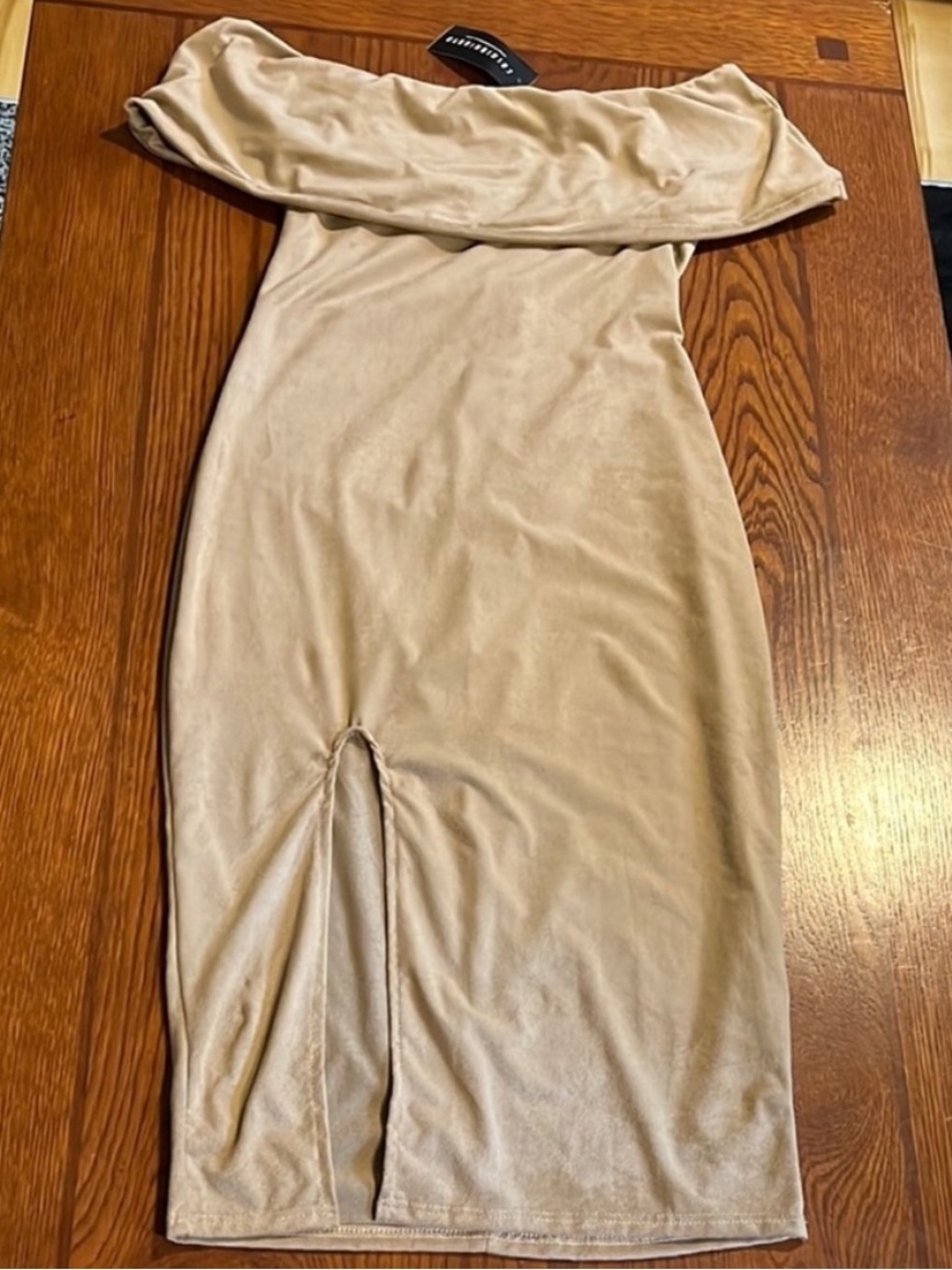 Fashion Nova • NWT • Women’s S • Elegant Off-Shoulder Dress • Beige